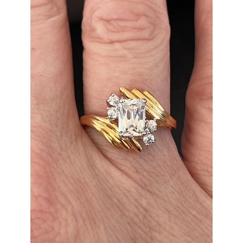 Vintage 1970s Ring Size 5 CZ Emerald Cut Solitaire Bypass Gold Plated - 14R